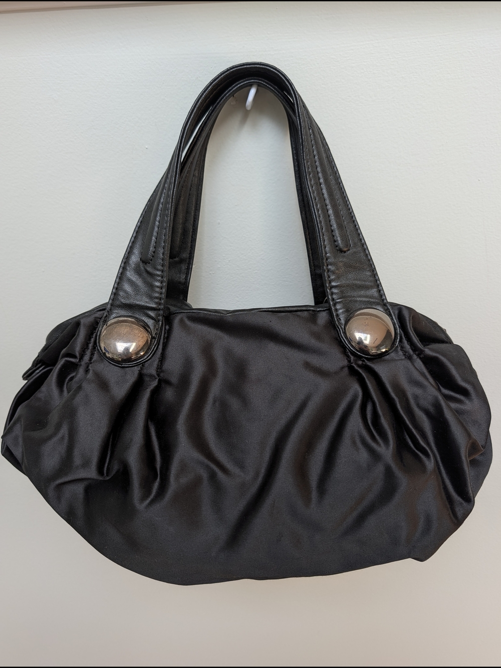 Vintage Bata and More Black Satin Shoulder Bag | Silver-Tone Ball Hardware | Y2K